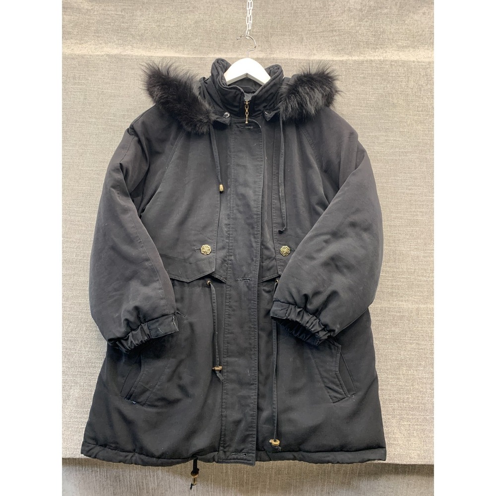 Fleet Street Parka Coat Womens‎ Medium Black Lined Faux Fur Trim Hooded Full Zip